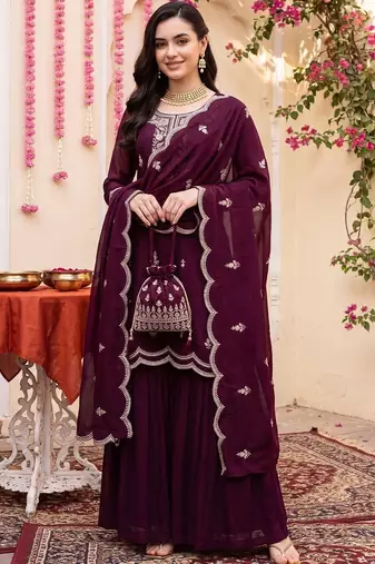 Women Ethnic Motifs Embroidered Regular Thread Work Kurta with Sharara & With Dupatta