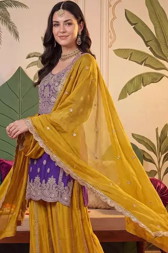 Women Ethnic Motifs Embroidered Regular Sequinned Kurta with Sharara & With Dupatta