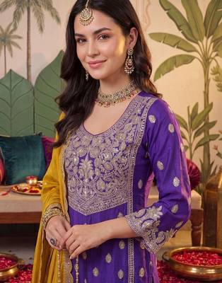 Women Ethnic Motifs Embroidered Regular Sequinned Kurta with Sharara & With Dupatta 2