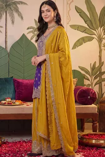 Women Ethnic Motifs Embroidered Regular Sequinned Kurta with Sharara & With Dupatta