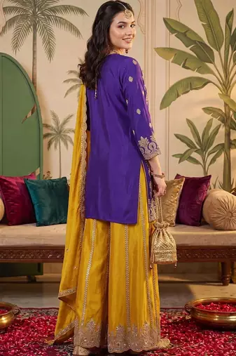 Women Ethnic Motifs Embroidered Regular Sequinned Kurta with Sharara & With Dupatta