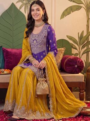 Women Ethnic Motifs Embroidered Regular Sequinned Kurta with Sharara & With Dupatta 5