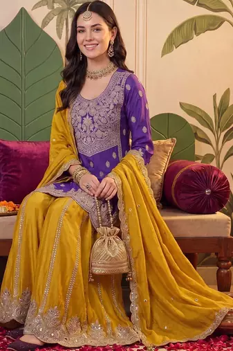 Women Ethnic Motifs Embroidered Regular Sequinned Kurta with Sharara & With Dupatta