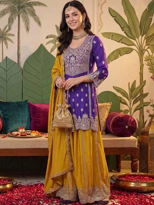 Women Ethnic Motifs Embroidered Regular Sequinned Kurta with Sharara & With Dupatta 6