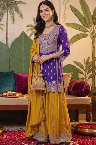 Women Ethnic Motifs Embroidered Regular Sequinned Kurta with Sharara & With Dupatta