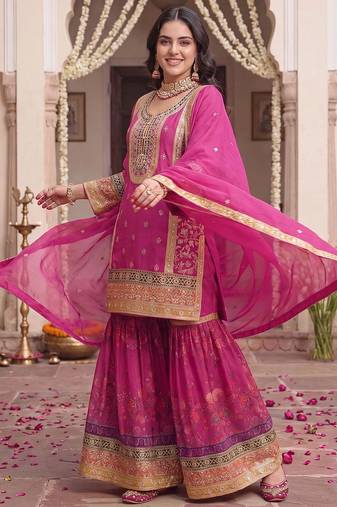 Women Ethnic Motifs Embroidered Regular Kurta with Sharara & With Dupatta