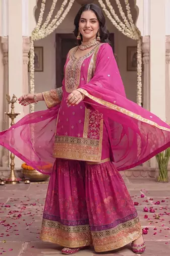 Women Ethnic Motifs Embroidered Regular Kurta with Sharara & With Dupatta