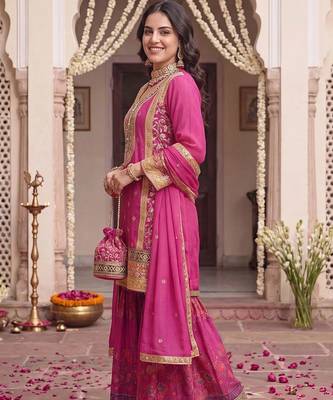 Women Ethnic Motifs Embroidered Regular Kurta with Sharara & With Dupatta 3