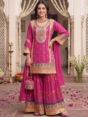 Women Ethnic Motifs Embroidered Regular Kurta with Sharara & With Dupatta 6