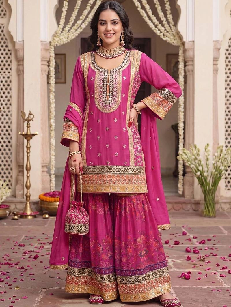 Women Ethnic Motifs Embroidered Regular Kurta with Sharara & With Dupatta