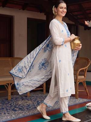 Women Floral Embroidered Regular Thread Work Pure Cotton Kurta with Trousers & With Dupatta 3