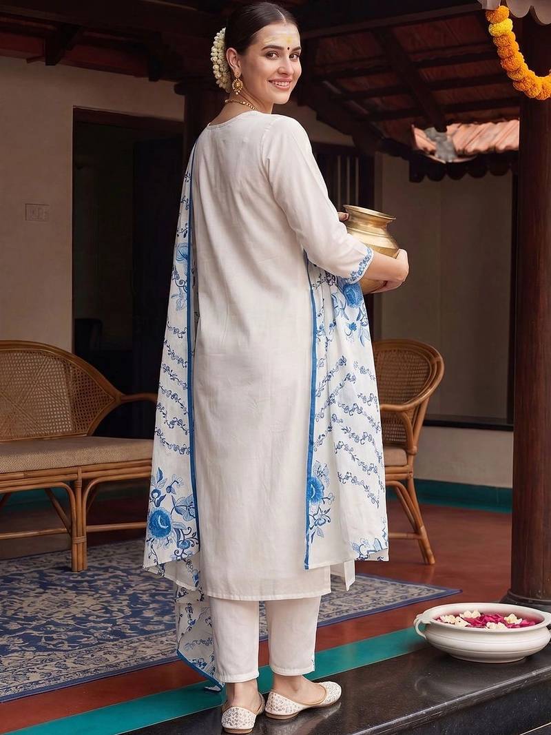 Women Floral Embroidered Regular Thread Work Pure Cotton Kurta with Trousers & With Dupatta