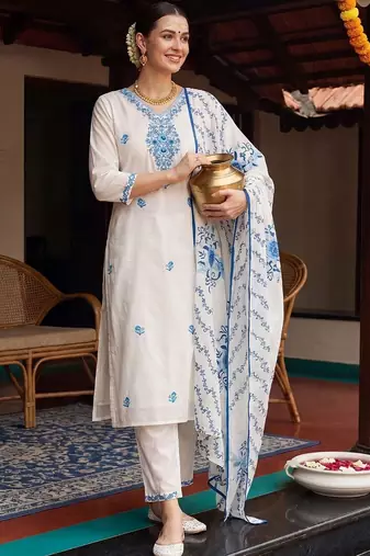 Women Floral Embroidered Regular Thread Work Pure Cotton Kurta with Trousers & With Dupatta