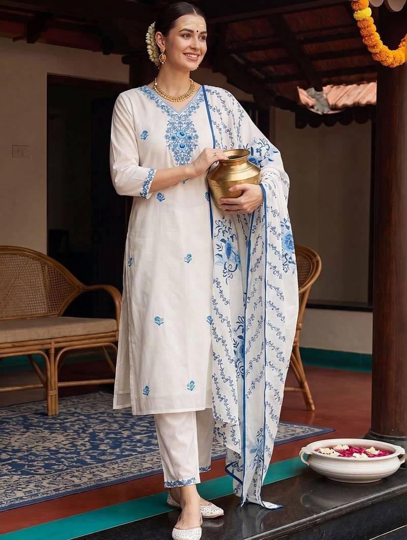 Women Floral Embroidered Regular Thread Work Pure Cotton Kurta with Trousers & With Dupatta