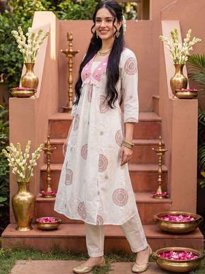 Women Ethnic Motifs Printed Empire Mirror Work Pure Cotton Kurta with Trousers 1