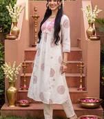 Women Ethnic Motifs Printed Empire Mirror Work Pure Cotton Kurta with Trousers