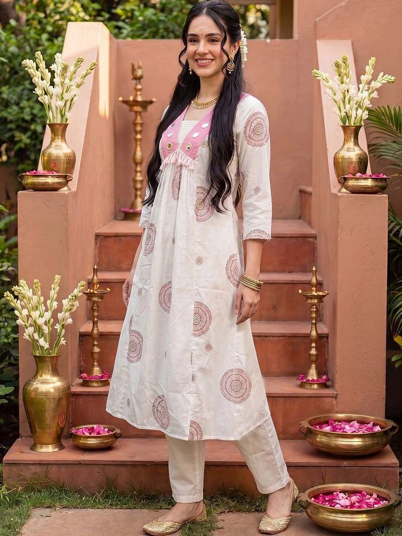Women Ethnic Motifs Printed Empire Mirror Work Pure Cotton Kurta with Trousers