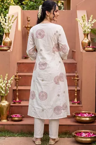 Women Ethnic Motifs Printed Empire Mirror Work Pure Cotton Kurta with Trousers