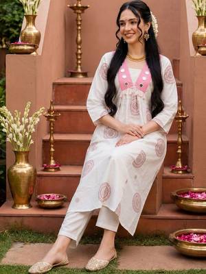Women Ethnic Motifs Printed Empire Mirror Work Pure Cotton Kurta with Trousers 5