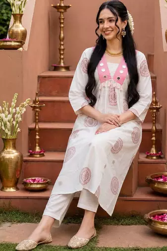 Women Ethnic Motifs Printed Empire Mirror Work Pure Cotton Kurta with Trousers