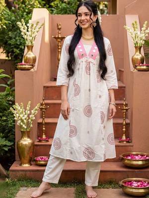 Women Ethnic Motifs Printed Empire Mirror Work Pure Cotton Kurta with Trousers 6