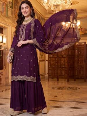 Women Ethnic Motifs Embroidered Regular Thread Work Kurta with Sharara & With Dupatta 1