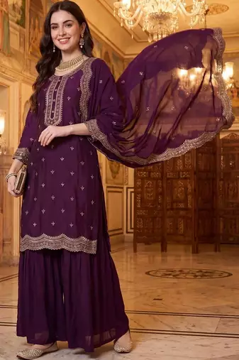 Women Ethnic Motifs Embroidered Regular Thread Work Kurta with Sharara & With Dupatta