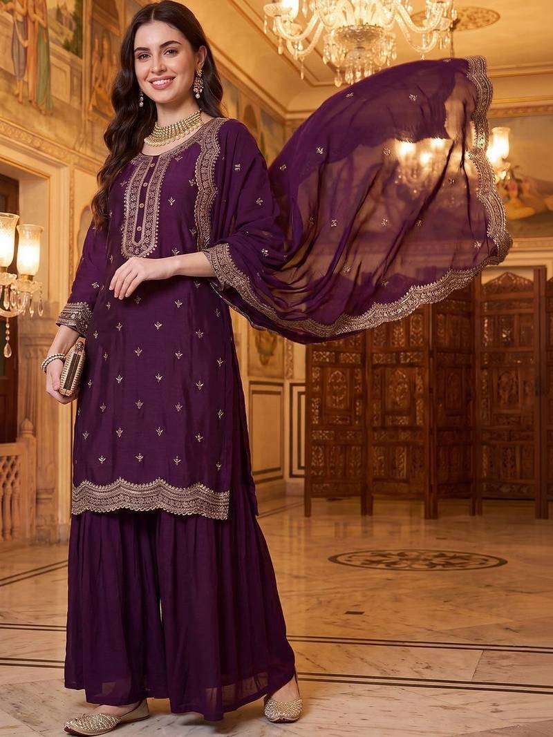 Women Ethnic Motifs Embroidered Regular Thread Work Kurta with Sharara & With Dupatta