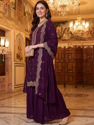Women Ethnic Motifs Embroidered Regular Thread Work Kurta with Sharara & With Dupatta 3
