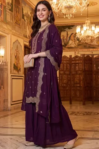 Women Ethnic Motifs Embroidered Regular Thread Work Kurta with Sharara & With Dupatta
