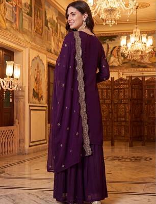 Women Ethnic Motifs Embroidered Regular Thread Work Kurta with Sharara & With Dupatta 4