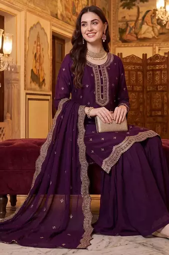 Women Ethnic Motifs Embroidered Regular Thread Work Kurta with Sharara & With Dupatta