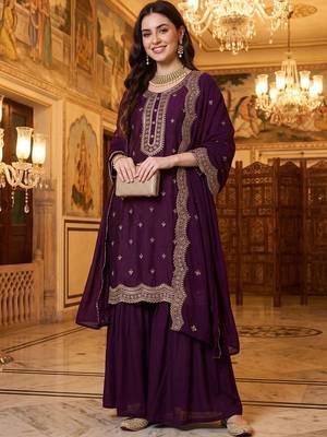Women Ethnic Motifs Embroidered Regular Thread Work Kurta with Sharara & With Dupatta 6