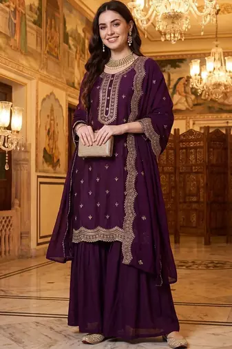 Women Ethnic Motifs Embroidered Regular Thread Work Kurta with Sharara & With Dupatta