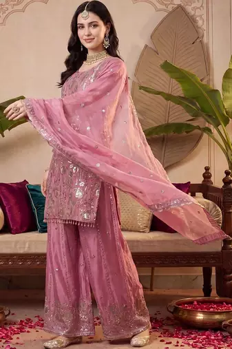 Women Ethnic Motifs Embroidered Regular Sequinned Kurta with Palazzos & With Dupatta