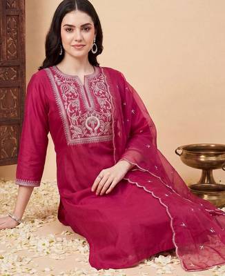 Women Ethnic Motifs Embroidered Regular Thread Work Liva Kurta with Trousers & With Dupatta 1