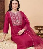 Women Ethnic Motifs Embroidered Regular Thread Work Liva Kurta with Trousers & With Dupatta