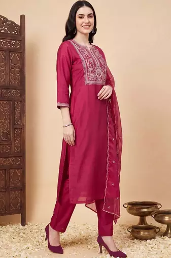 Women Ethnic Motifs Embroidered Regular Thread Work Liva Kurta with Trousers & With Dupatta