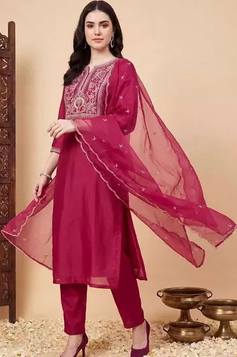 Women Ethnic Motifs Embroidered Regular Thread Work Liva Kurta with Trousers & With Dupatta