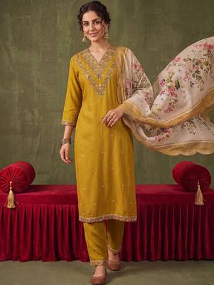 Women Ethnic Motifs Embroidered Regular Thread Work Kurta with Trousers & With Dupatta 1