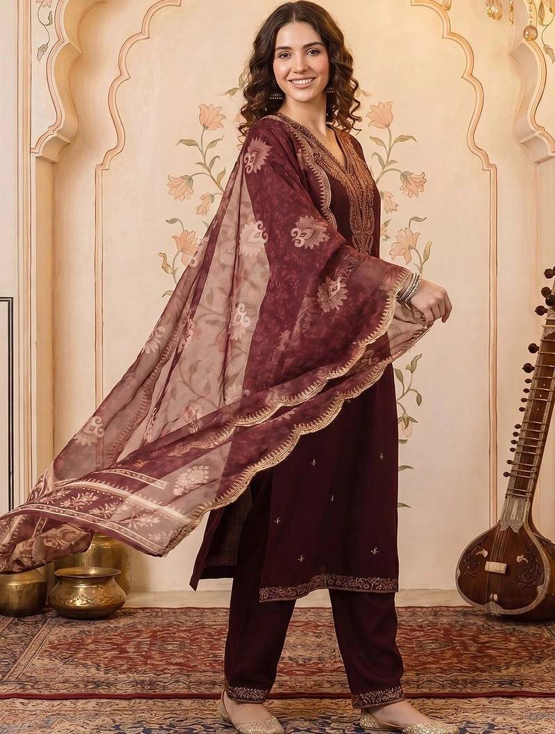 Women Ethnic Motifs Embroidered Regular Thread Work Kurta with Trousers & With Dupatta