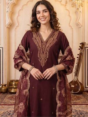 Women Ethnic Motifs Embroidered Regular Thread Work Kurta with Trousers & With Dupatta 2