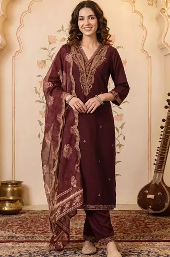 Women Ethnic Motifs Embroidered Regular Thread Work Kurta with Trousers & With Dupatta