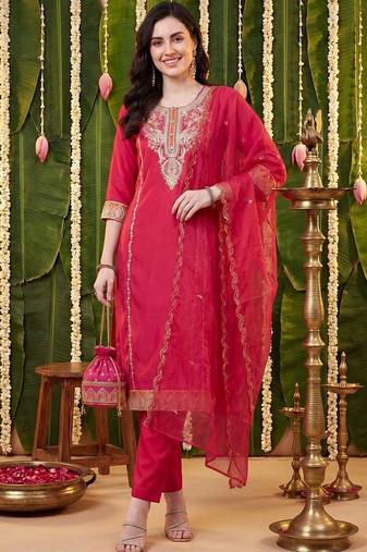 Women Ethnic Motifs Embroidered Regular Thread Work Kurta with Trousers & With Dupatta