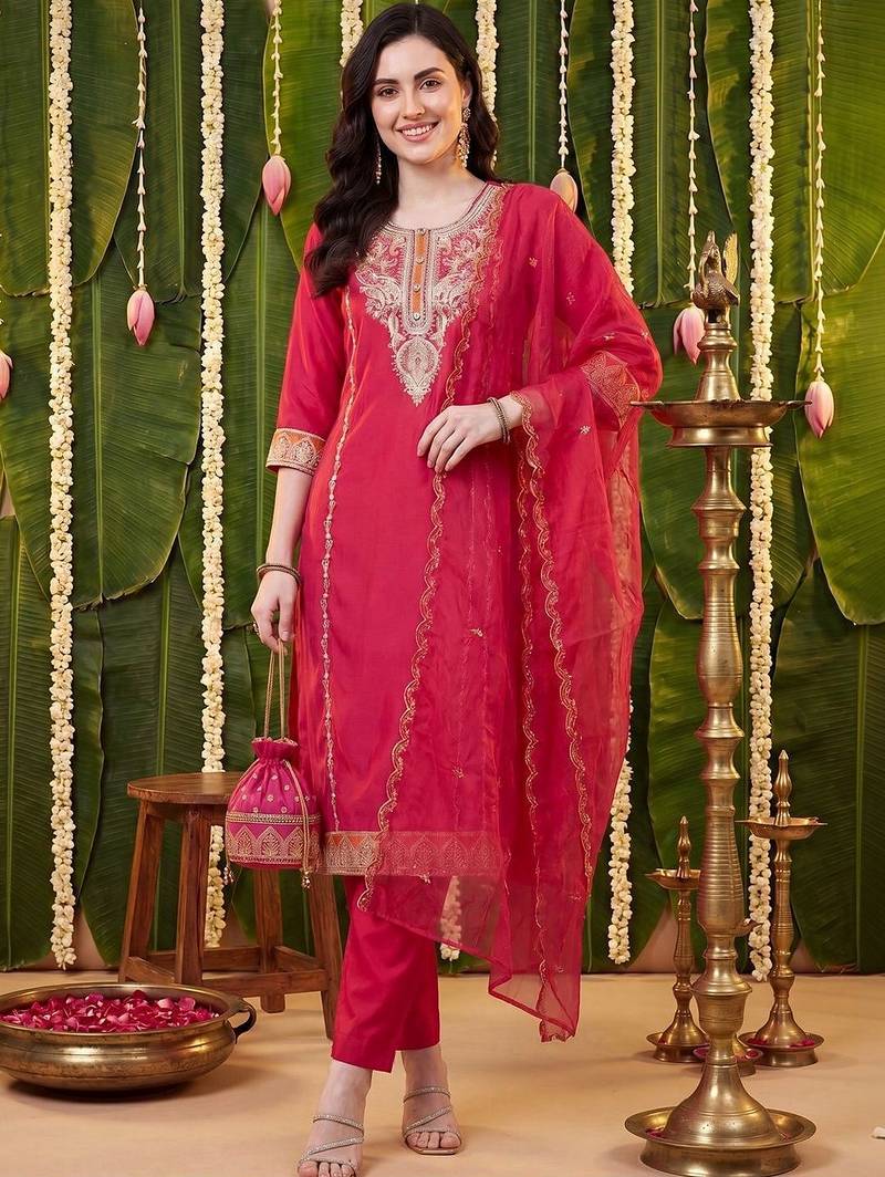 Women Ethnic Motifs Embroidered Regular Thread Work Kurta with Trousers & With Dupatta