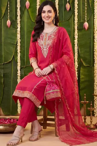 Women Ethnic Motifs Embroidered Regular Thread Work Kurta with Trousers & With Dupatta