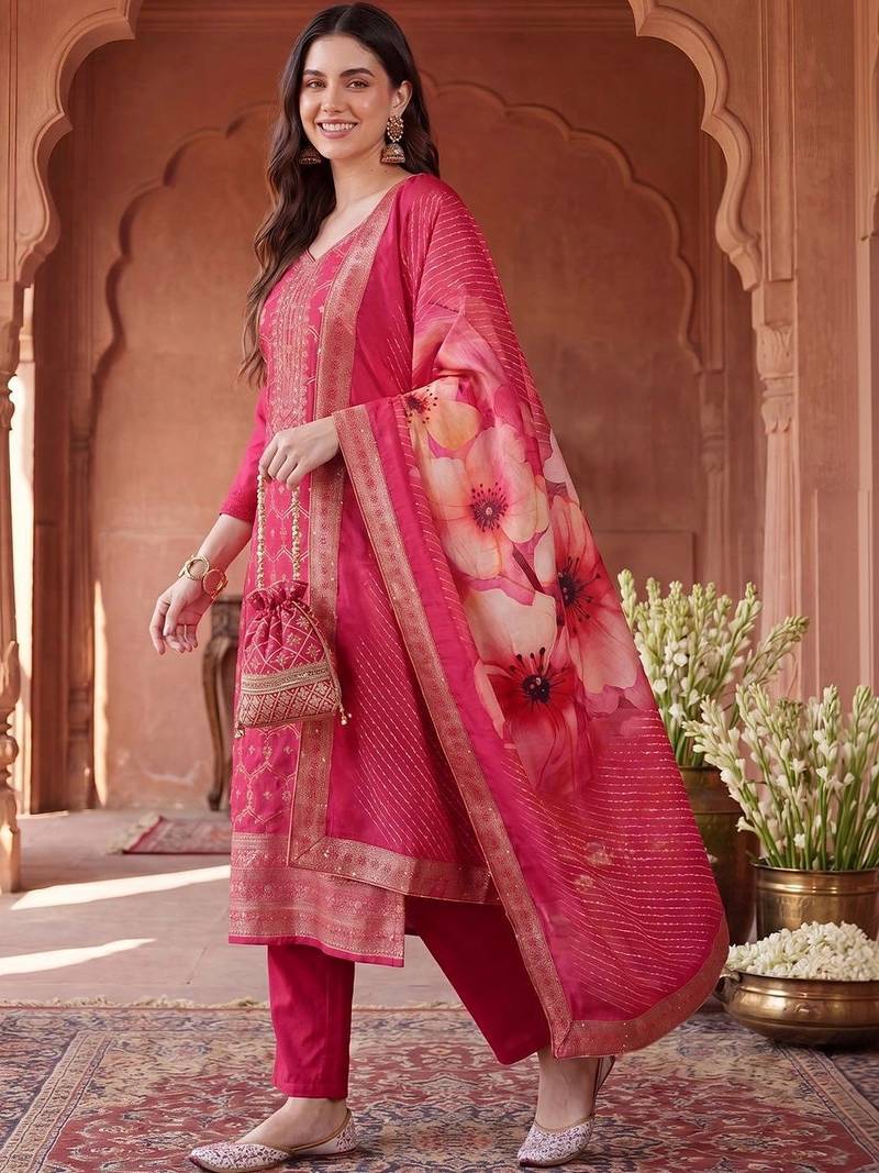 Women Ethnic Motifs Embroidered Regular Kurta with Trousers & With Dupatta