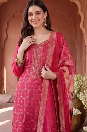 Women Ethnic Motifs Embroidered Regular Kurta with Trousers & With Dupatta