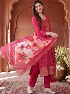 Women Ethnic Motifs Embroidered Regular Kurta with Trousers & With Dupatta 3