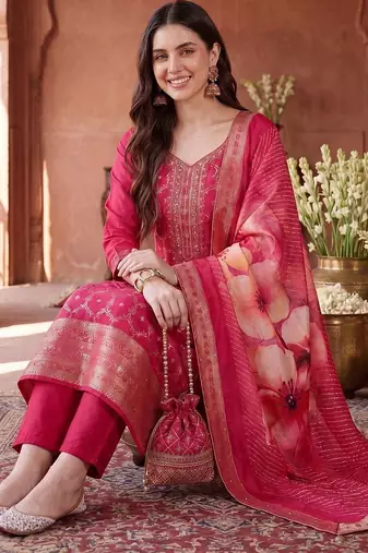 Women Ethnic Motifs Embroidered Regular Kurta with Trousers & With Dupatta